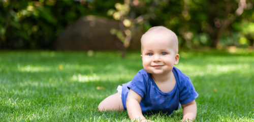Cute little blond baby boy crawling on fresh green grass. Kid having fun making first steps on mowed natural lawn. Happy and healthy childhood concept.